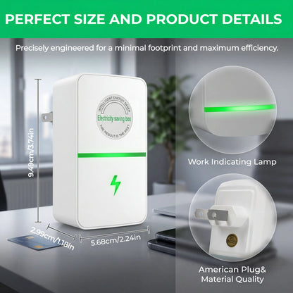 RoyalSavings plug-in power box with US plug, multi-outlet design for 90–250V electrical use, compact and versatile.