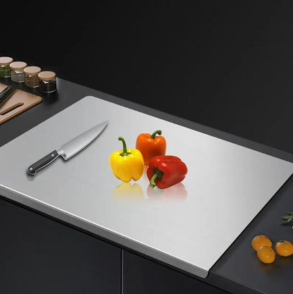 RoyalSavings stainless steel chopping board with non-slip base, ideal for kitchen cutting and meal prep.