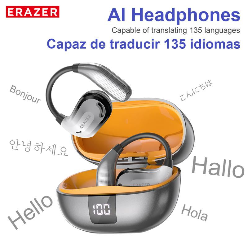 RoyalSavings ERAZER Xt66Pro OWS wireless Bluetooth earbuds with microphone, supporting 135 languages, real-time translation, and HiFi sound.