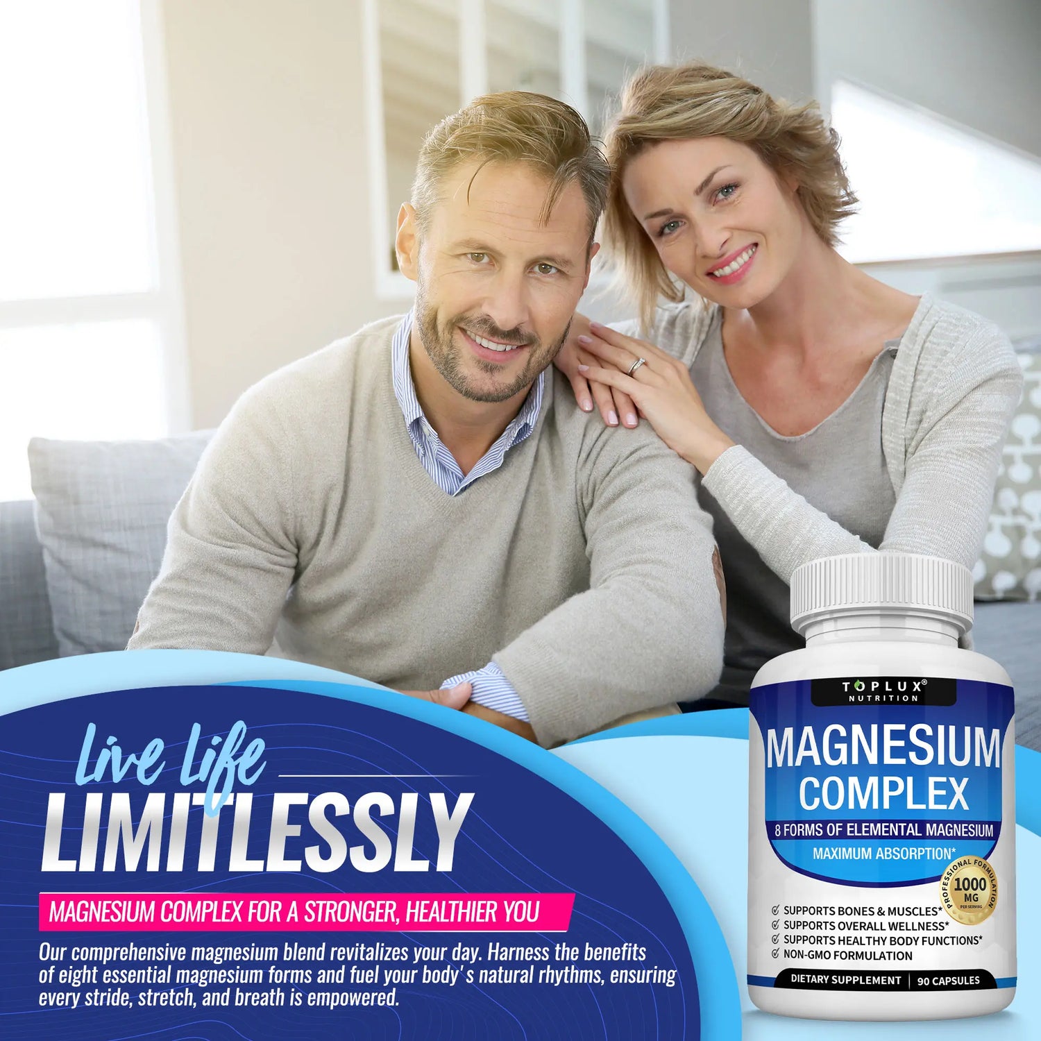RoyalSavings Magnesium Complex Supplement 1000mg bottle with 8 essential magnesium forms, showing the supplement capsules inside.