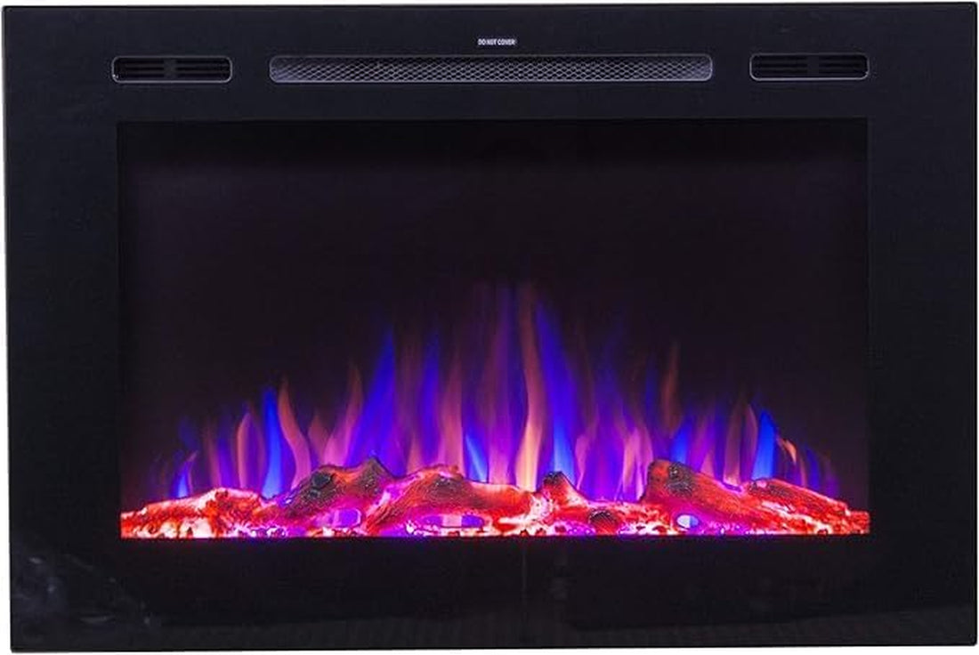 RoyalSavings Forte 40" recessed electric fireplace with realistic flames, ember options, black finish, logs, crystals, Wi-Fi and thermostat