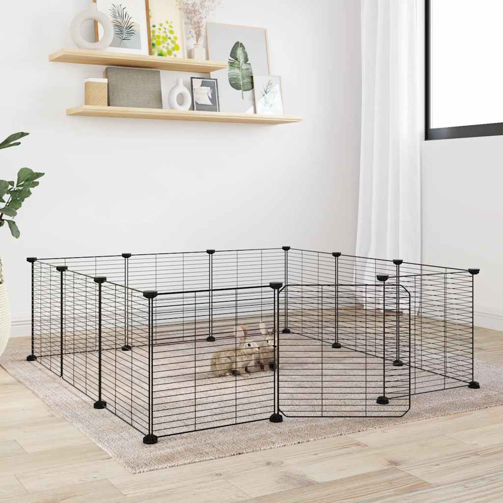 Golden 8-panel pet cage with door, metal construction, suitable for small animals, shown with open door and sturdy panels.