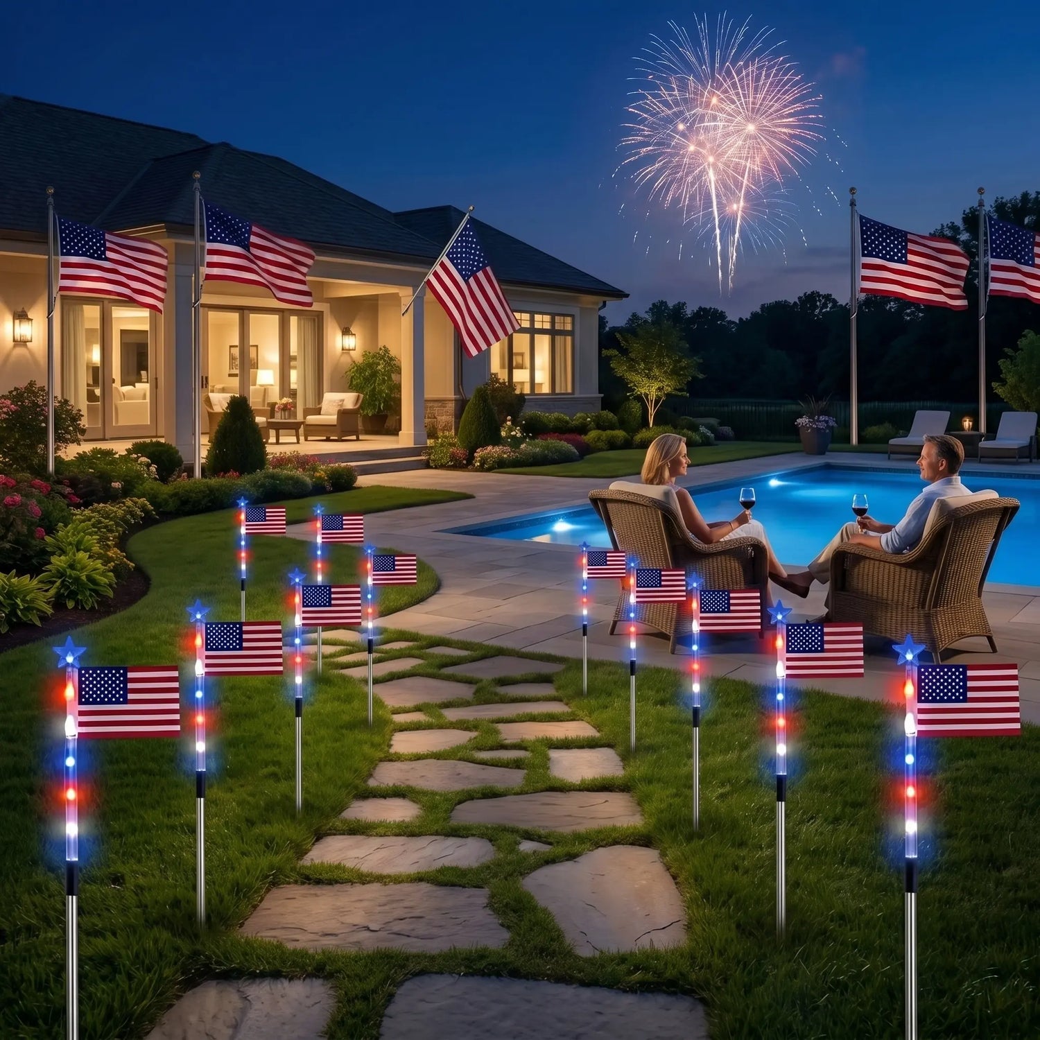 American flag solar lights 8-piece set by RoyalSavings, outdoor flag lights with solar-powered illumination in a patriotic display.