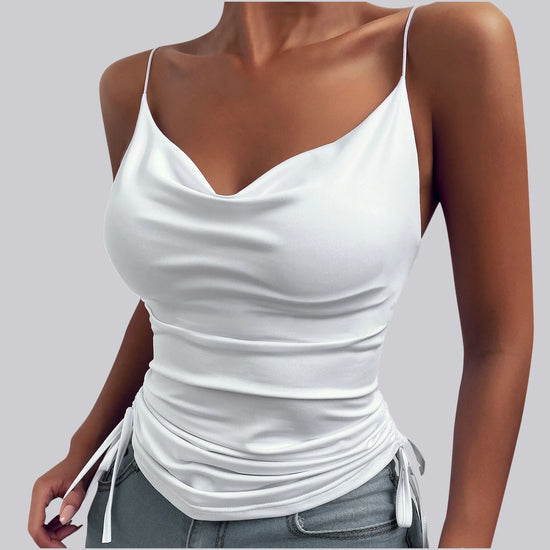 Solid Spaghetti Strap Camisoles Women Soft Tredny Side Drawstring Ruched Tank Tops Elegant Cowl Neck Cami Tops Fitted Y2K Going Out Crop Tops