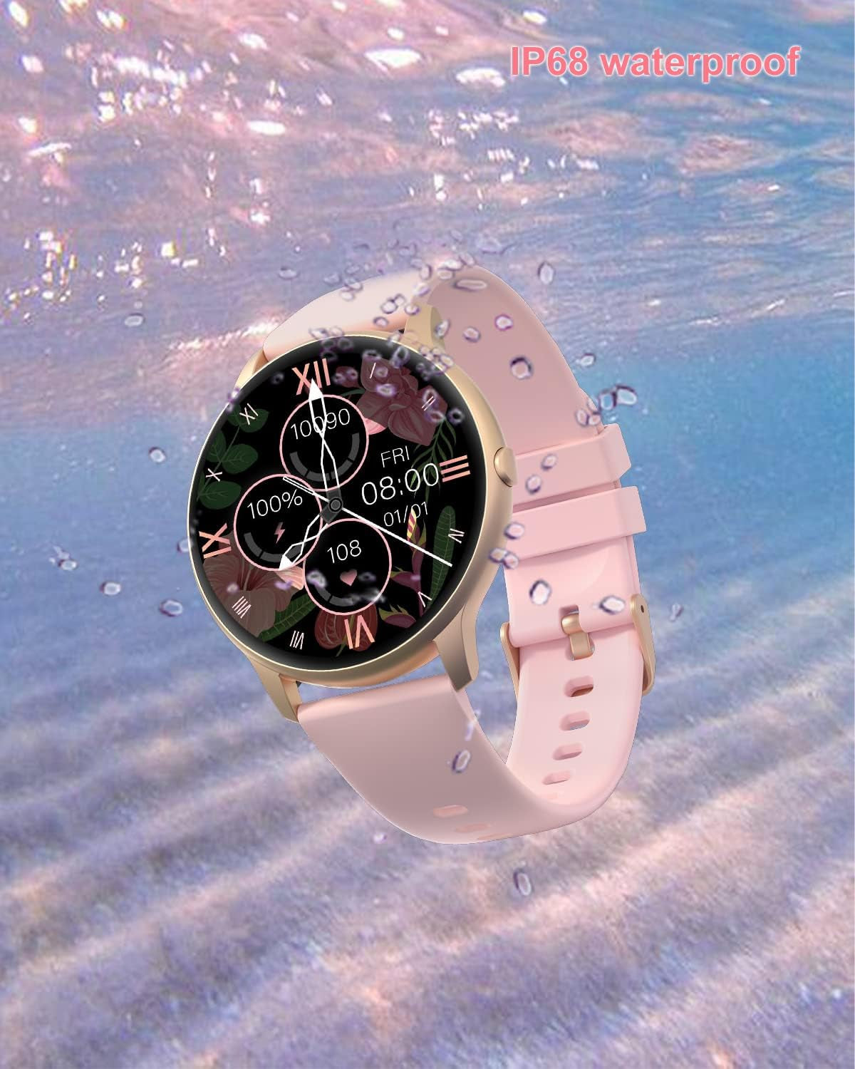 Pink RoyalSavings women’s smartwatch with round face, fitness tracker, heart rate monitor, waterproof IP68, compatible with iPhone and Android.