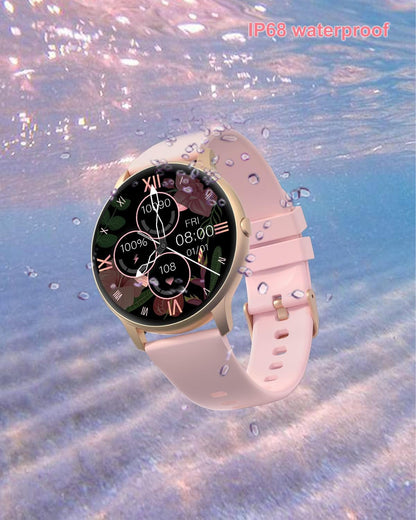 Pink RoyalSavings women’s smartwatch with round face, fitness tracker, heart rate monitor, waterproof IP68, compatible with iPhone and Android.