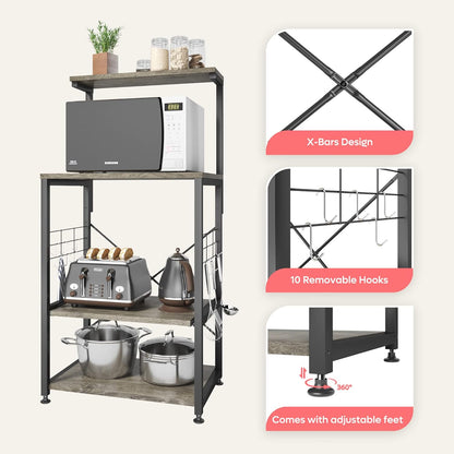 RoyalSavings kitchen bakers rack with wheels, adjustable feet, storage shelves, and 10 side hooks for kitchen organization.