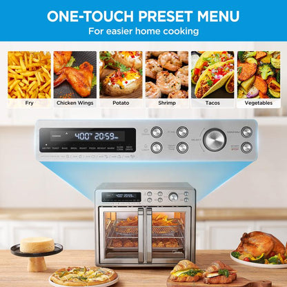 RoyalSavings Midea Flexify French Door Air Fryer Toaster Oven Combo with sleek design, large 26.4 QT capacity, and convection fan.