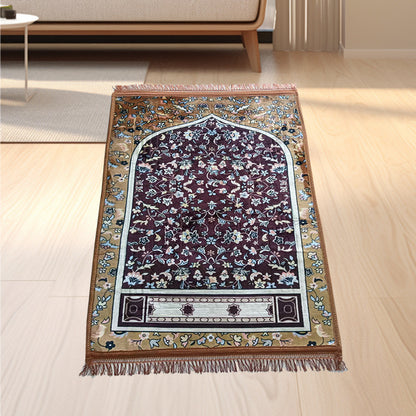 Golden thick flannel Qibla prayer mat with stain-resistant fabric, showing the detailed design and traditional prayer orientation guide.