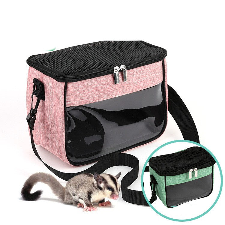 Golden crossbody pet bag for hamsters featuring a transparent cage with ventilation and secure straps for portable hamster transport.