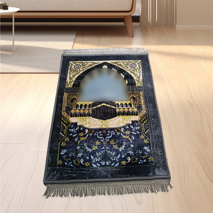 Golden thick flannel Qibla prayer mat with stain-resistant fabric, designed for comfortable Islamic prayer.