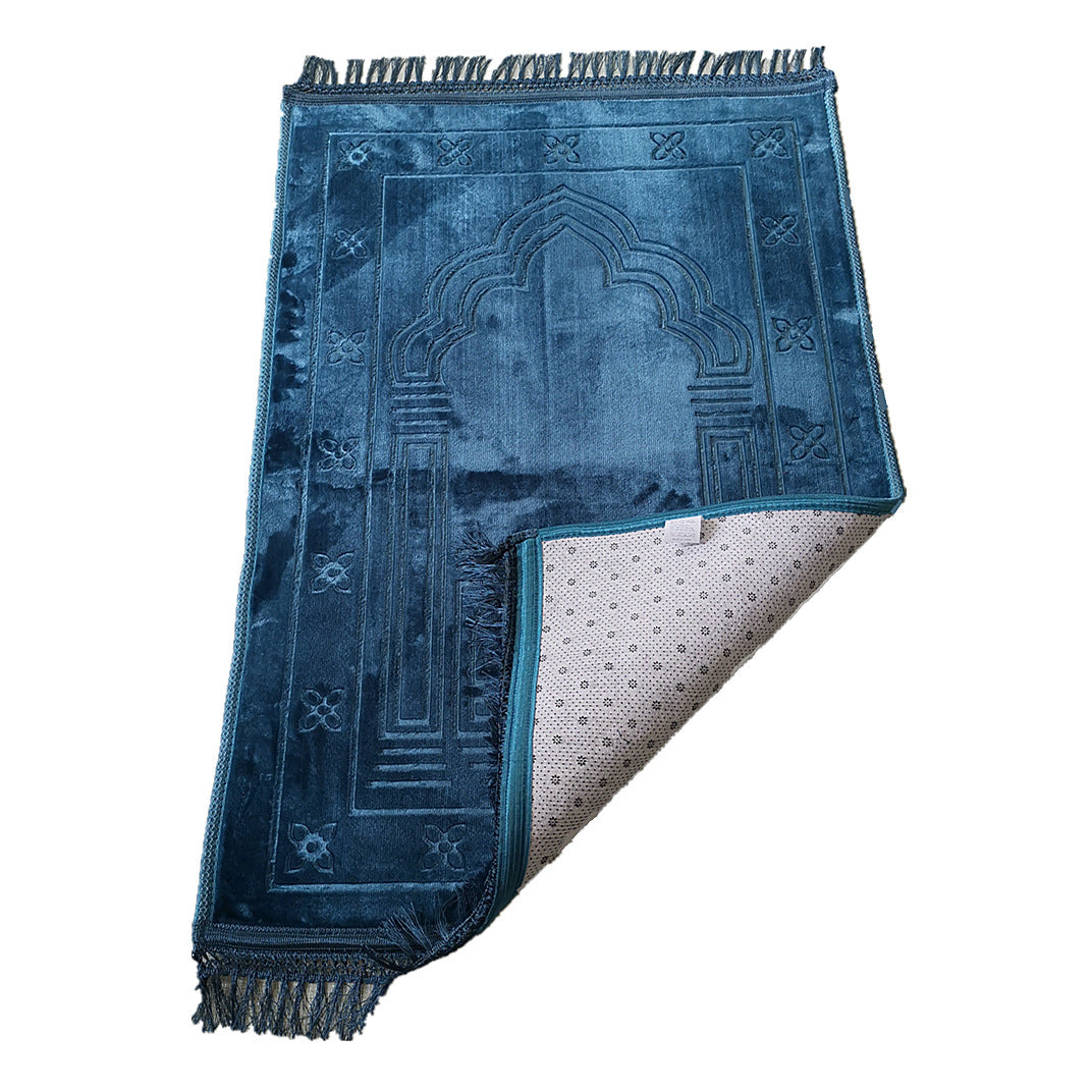 Golden Raschel embossed prayer mat with tassels in solid color, featuring intricate patterns and soft fabric for comfortable prayer sessions.