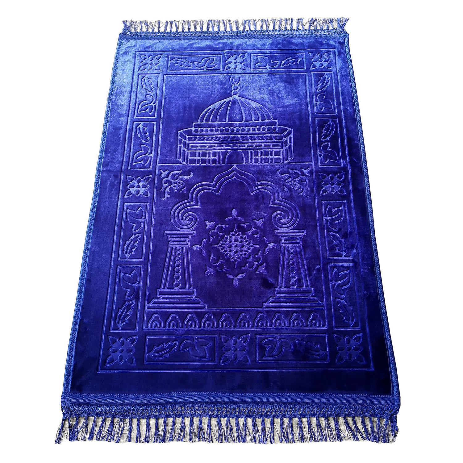 Golden Raschel embossed prayer mat with tassels in solid color, designed for comfortable prayer and spiritual reflection.