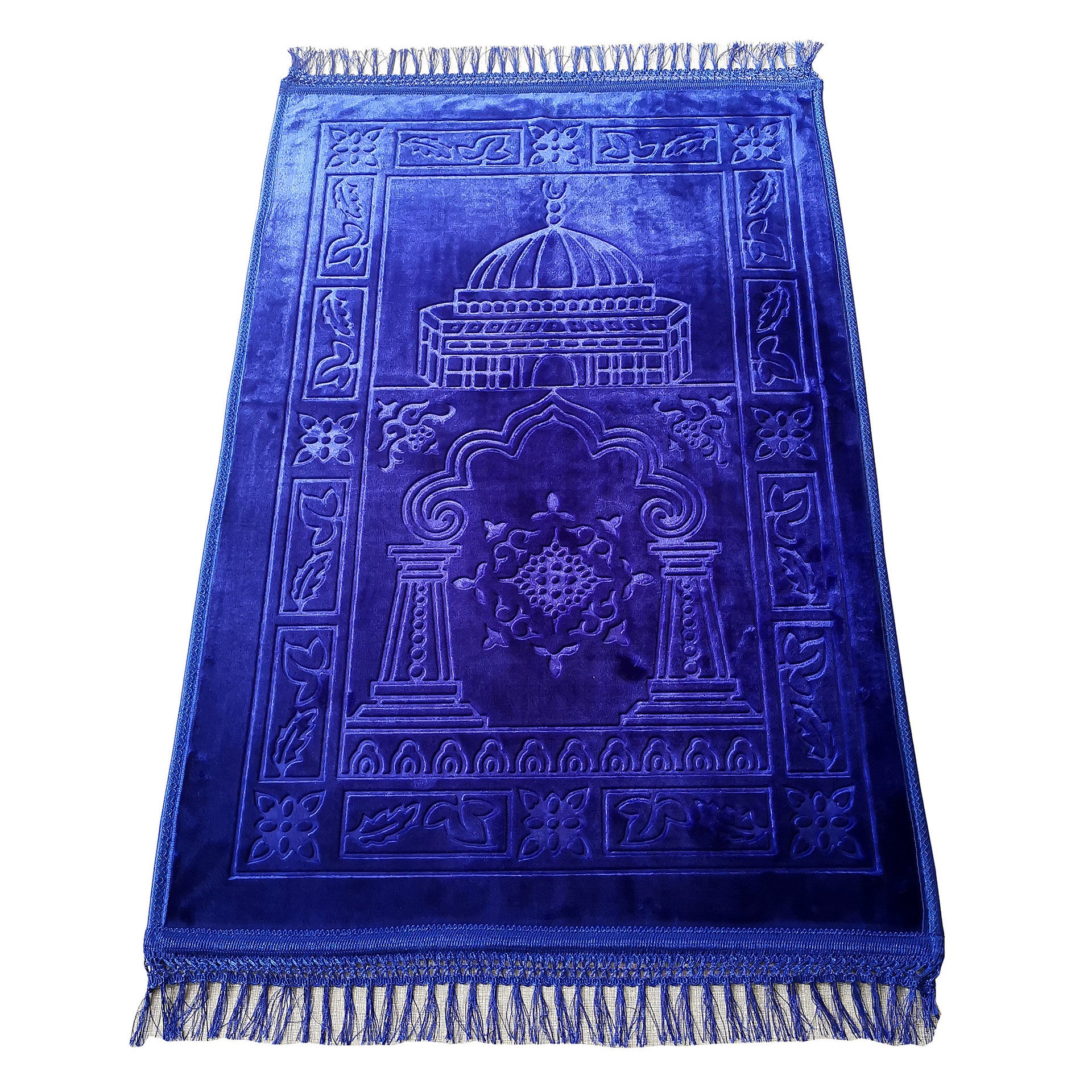 Golden Raschel embossed prayer mat with tassels in solid color, designed for comfortable prayer and spiritual reflection.