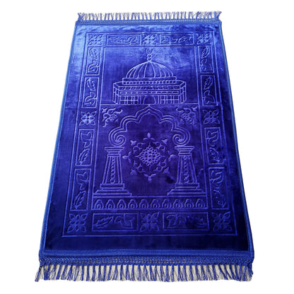Golden Raschel embossed prayer mat with tassels in solid color, designed for comfortable prayer and spiritual reflection.