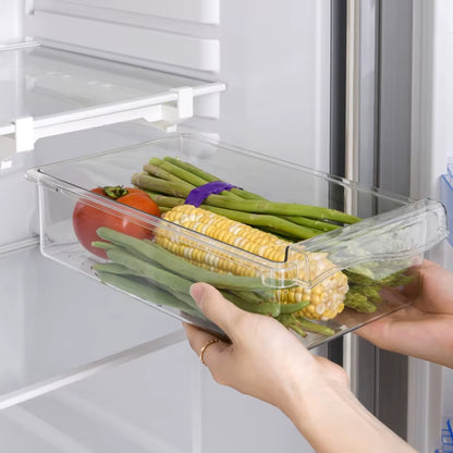 RoyalSavings fridge drawer storage box for fruits, eggs, and vegetables, clear plastic container with compartments.