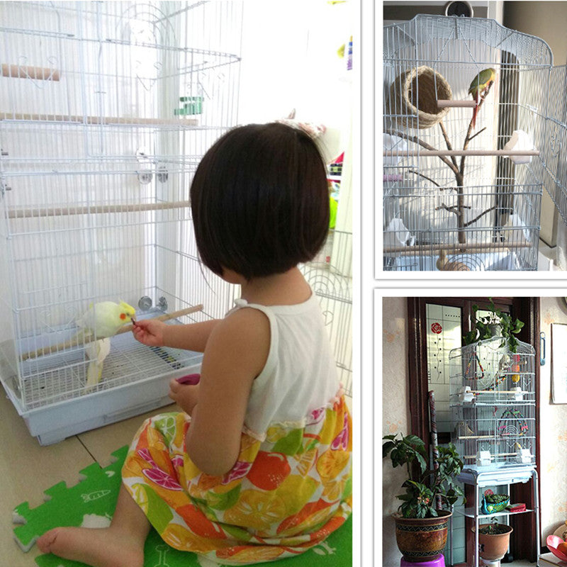 Golden portable bird parrot cage with spacious bars and perches for small and medium birds, suitable for indoor and outdoor use.