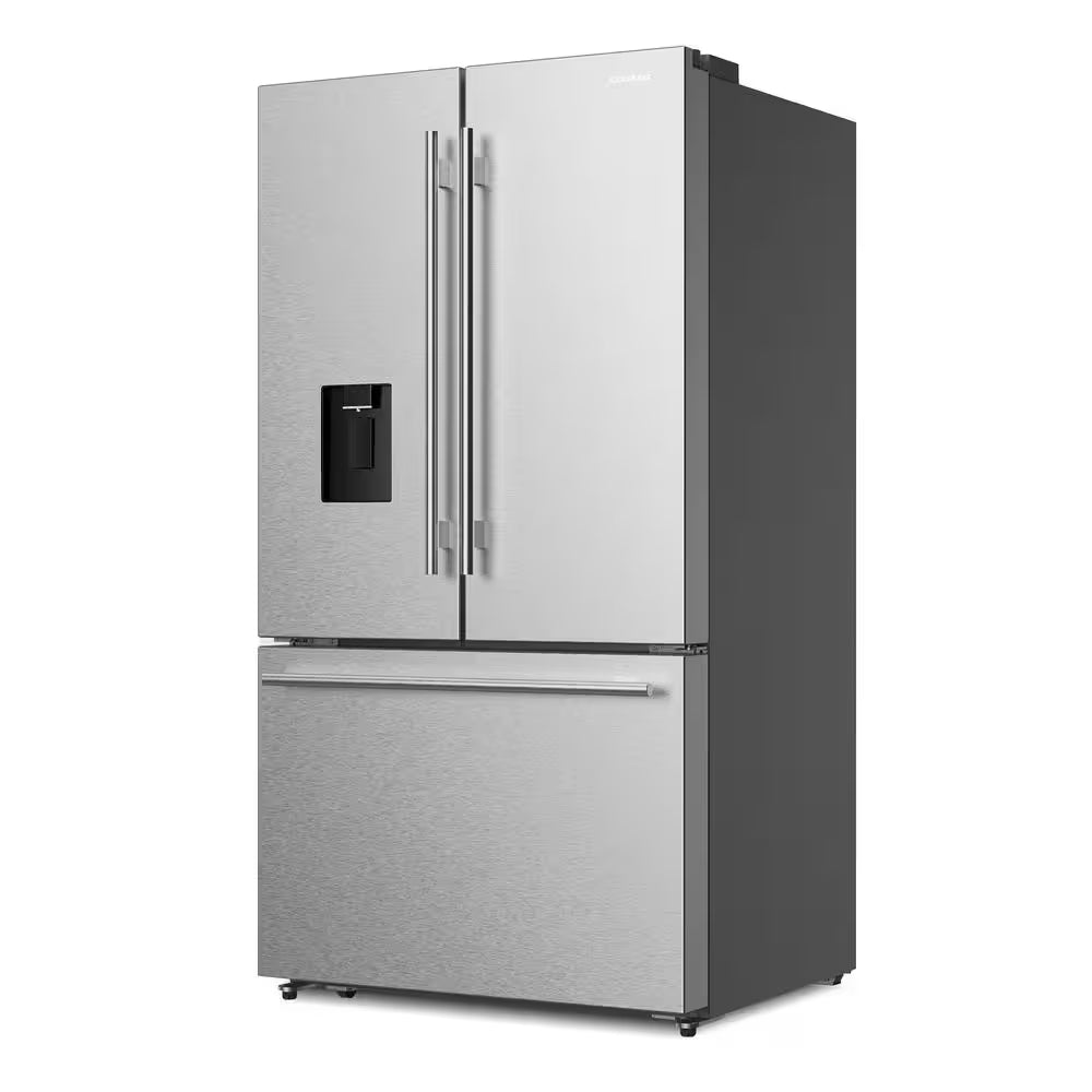 RoyalSavings 22.4 cu. ft. stainless steel 3-door French door refrigerator with water dispenser and ice maker, counter depth design.