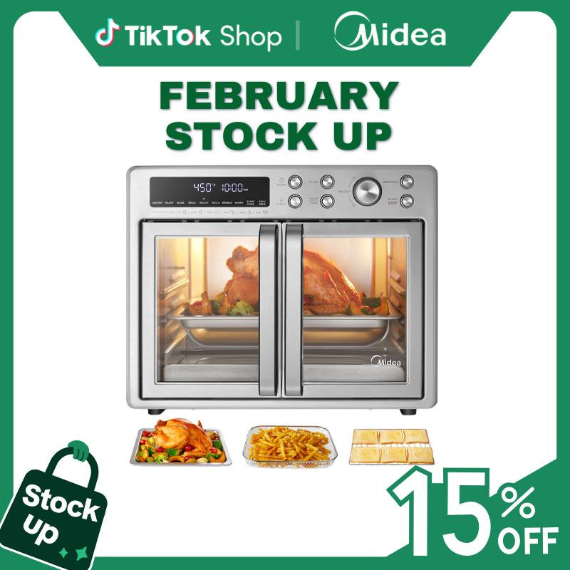 RoyalSavings 2026 Kitchen Hack Midea Flexify French Door Air Fryer Toaster Oven Combo, large 26.4 QT countertop appliance with elegant design.