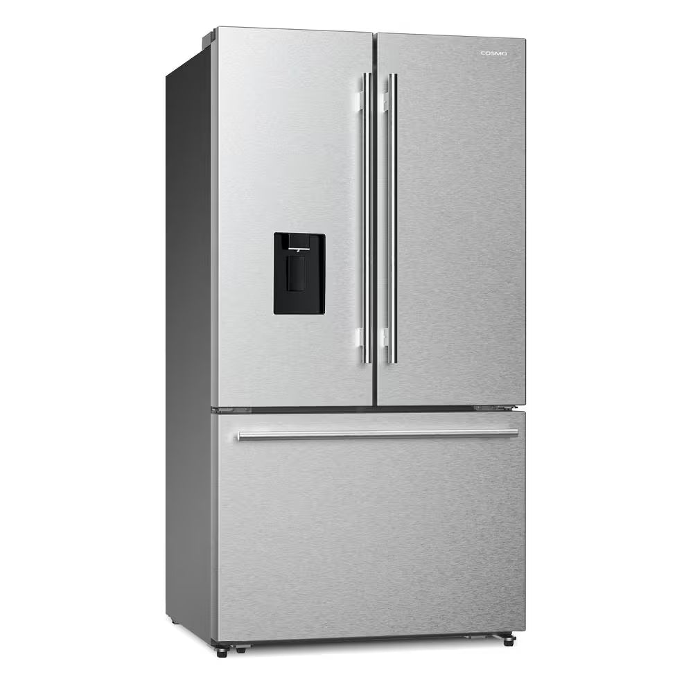 RoyalSavings 22.4 cu ft stainless steel 3-door French door refrigerator with water dispenser, ice maker, and counter depth design.