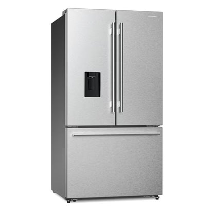 RoyalSavings 22.4 cu ft stainless steel 3-door French door refrigerator with water dispenser, ice maker, and counter depth design.