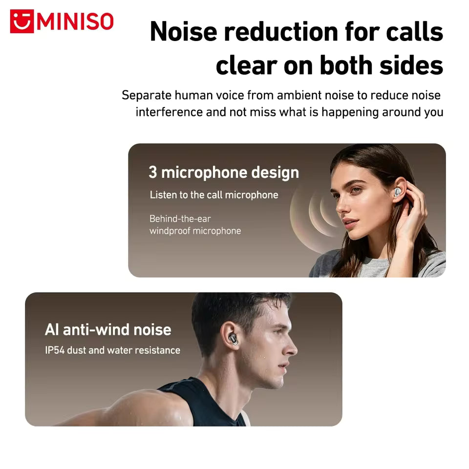 RoyalSavings MINISO MS105 wireless earbuds in ear, waterproof Bluetooth 6.0 earphones with built-in mic for calls, gaming, and sports.