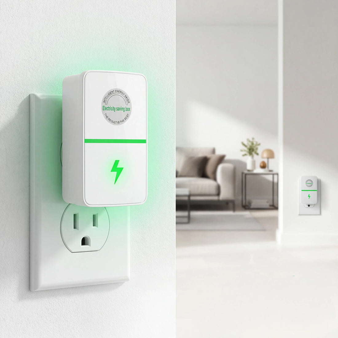 RoyalSavings plug-in power box with US plug, multi-outlet power strip for 90-250V electrical devices, compact and versatile.
