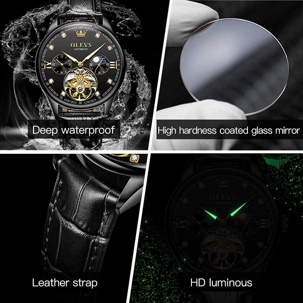 Dress Automatic Watch for Men Luxury Diamond Mechanical Self Winding Black Face Black Leather Strap Waterproof Luminous Men Wrist Watches
