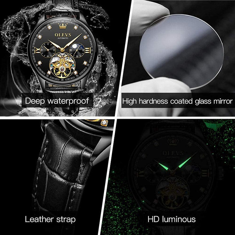 Dress Automatic Watch for Men Luxury Diamond Mechanical Self Winding Black Face Black Leather Strap Waterproof Luminous Men Wrist Watches