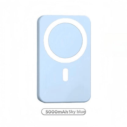 RoyalSavings 5000mAh magnetic power bank with MagSafe wireless fast charger attached to an iPhone 12-17 Pro Max, portable compact battery pack.