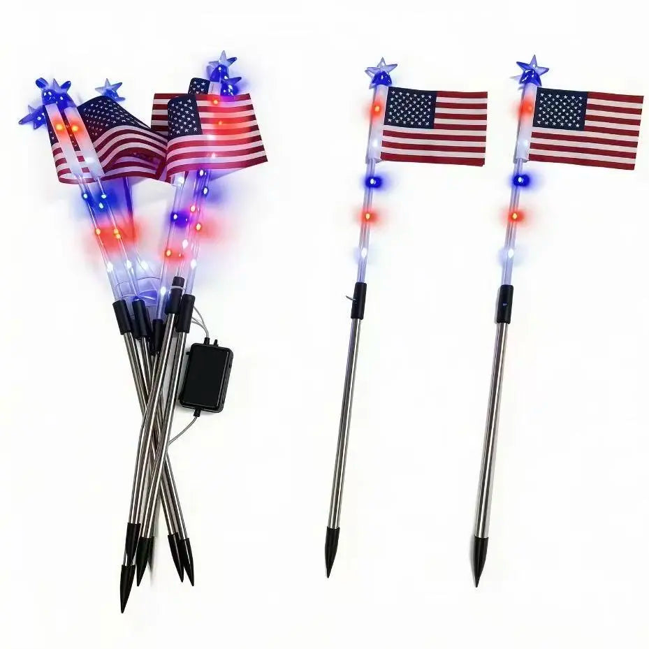 Set of eight American flag solar lights from RoyalSavings, outdoor flag lights with solar-powered illumination for patriotic display.