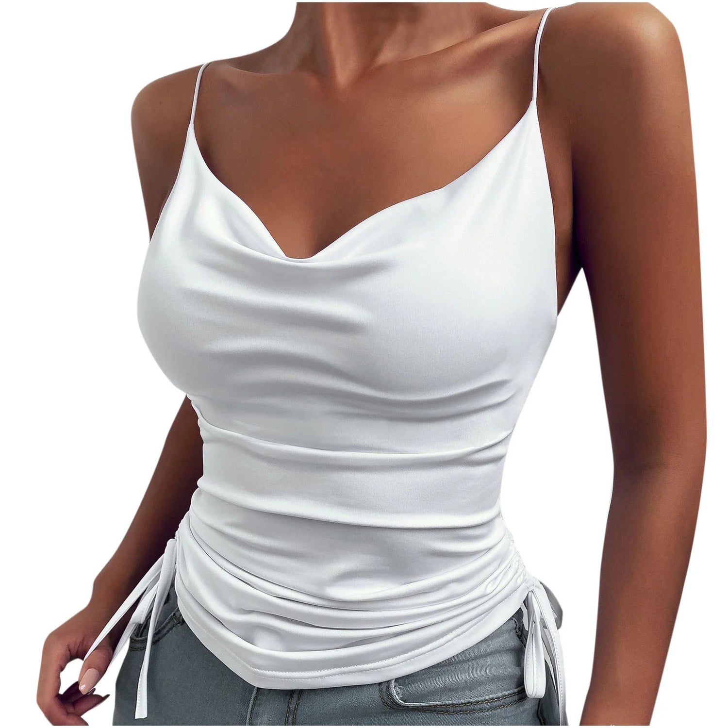 Solid Spaghetti Strap Camisoles Women Soft Tredny Side Drawstring Ruched Tank Tops Elegant Cowl Neck Cami Tops Fitted Y2K Going Out Crop Tops
