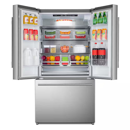 RoyalSavings 22.4 cu ft stainless steel 3-door French door refrigerator with water dispenser and ice maker, counter depth design.