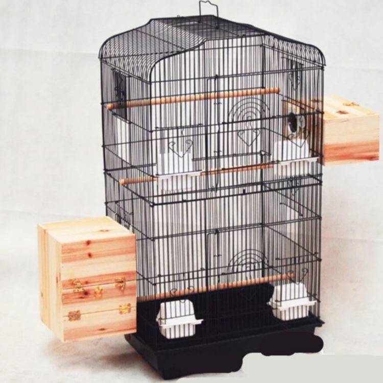 Golden portable wire bird cage for parrots, featuring spacious design with perches and feeding doors for pet birds.
