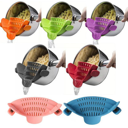 RoyalSavings silicone pot side pasta strainer clip, adjustable kitchen gadget for draining pasta and cooking utensils.