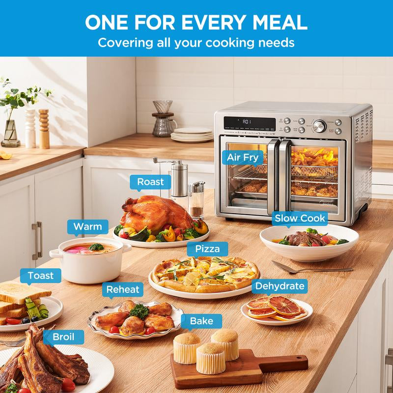 RoyalSavings Midea Flexify French Door Air Fryer Toaster Oven Combo with large 26.4 QT capacity and elegant modern design.