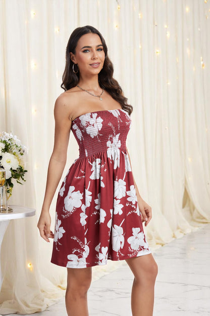 Red strapless boho summer dress for women by Golden, sleeveless smocked beach sundress perfect for casual vacation wear.